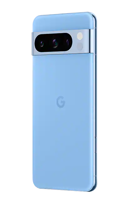 Google pixel 8 pro mobile phone back side sky blue color